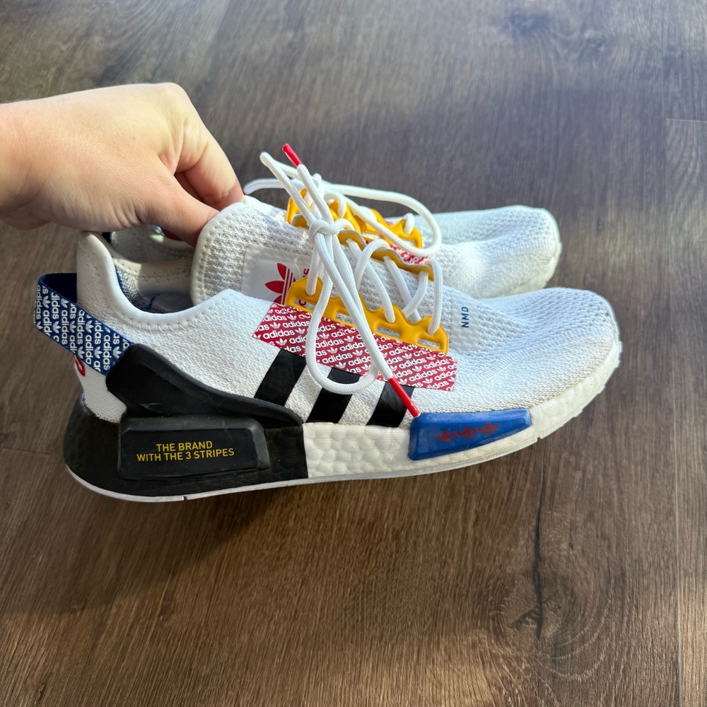 Adidas NMD White, Blue, and Red Sneakers
